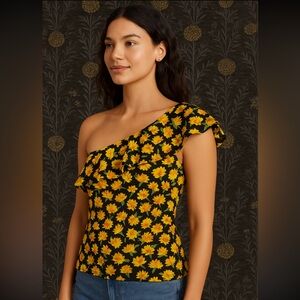 🌻Maeve Anthropologie Yellow Floral Ruffle One Shoulder Top S 4 6 NWT Boho